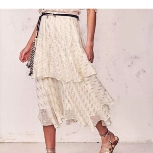 NEW LOVESHACKFANCY Skirt Womens Elegant Cream Layered Ruffle Midi Large 12 14